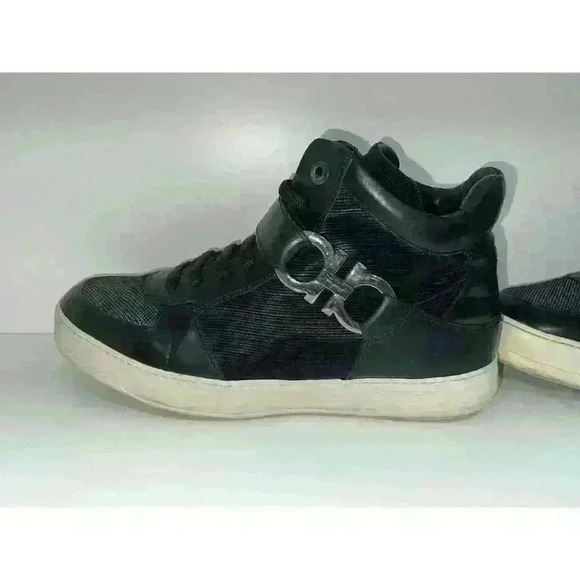 Salvatore Ferragamo Men\'s Black Leather High-Top Sneakers